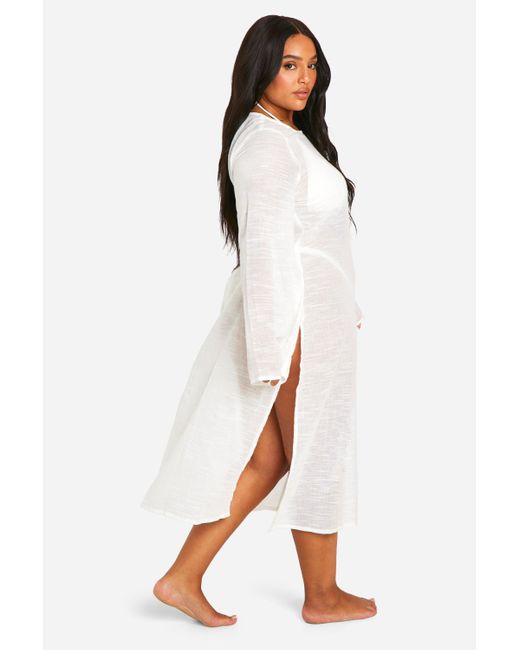 Plus Long Sleeve Thigh Split Maxi Beach Dress Boohoo de color White