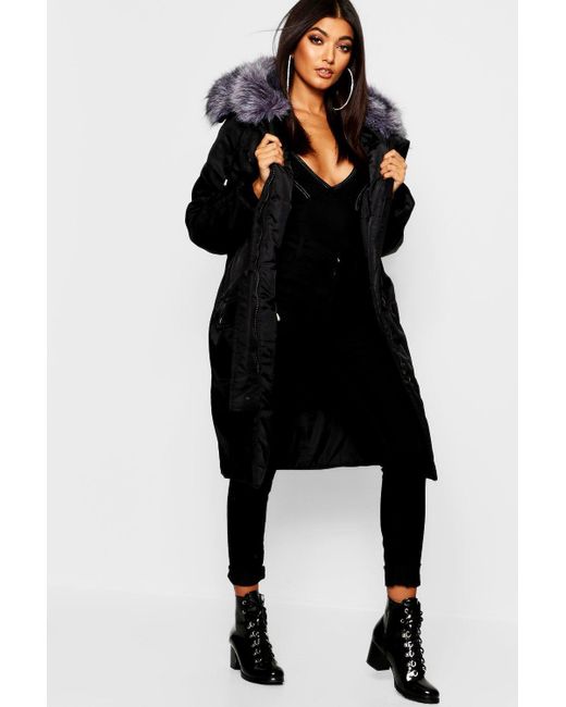 Boohoo Oversized Faux Fur Fly Hood Luxe, Women S Black Parka Coats With Fur Hood Uk