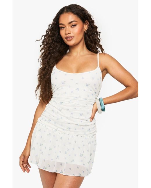 Boohoo White Ditsy Floral Mesh Ruched Mini Dress