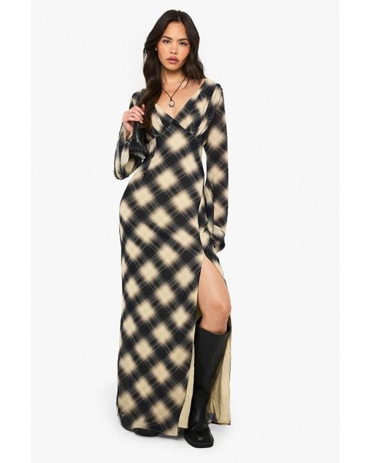 Boohoo Blue Flannel Chiffon Plunge Maxi Dress