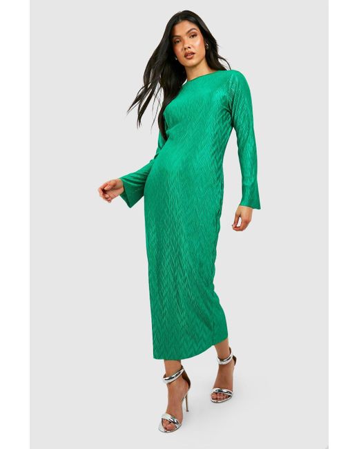 Boohoo Green Maternity Wave Plisse Column Midaxi Dress