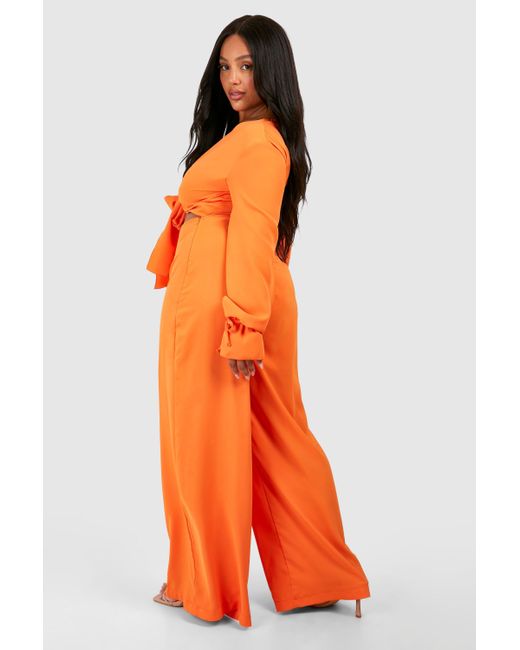 Boohoo Orange Plus Woven Knot Front Long Sleeve Jumpsuit