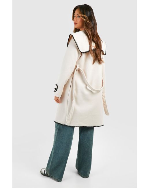 Boohoo Natural Blanket Stitch Belted Wool Look Coat