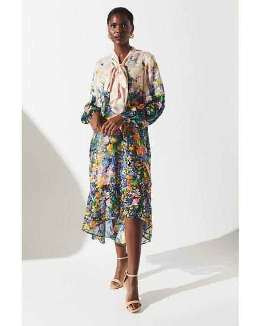 midi floral chiffon dress Mac Duggal Women's Sleeveless Floral Print Chiffon Micro Ruffle Gown