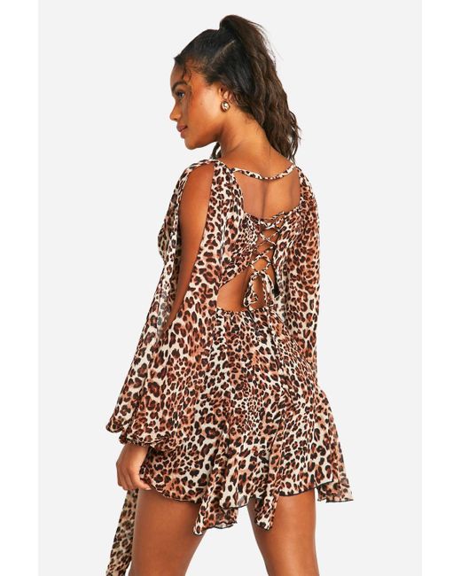 Boohoo Brown Leopard Godet Hem Lace Up Skater Dress