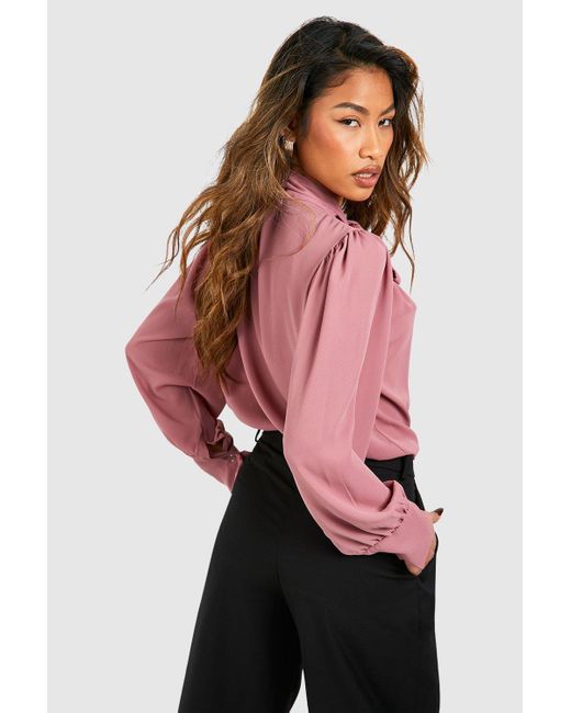 Boohoo Pink Woven Puff Sleeve Tie Neck Blouse