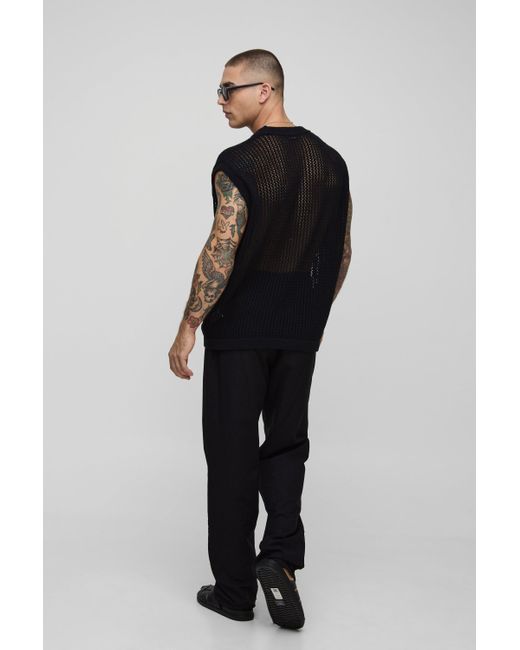 BoohooMAN Black Oversized Open Stitch Knitted Tank for men