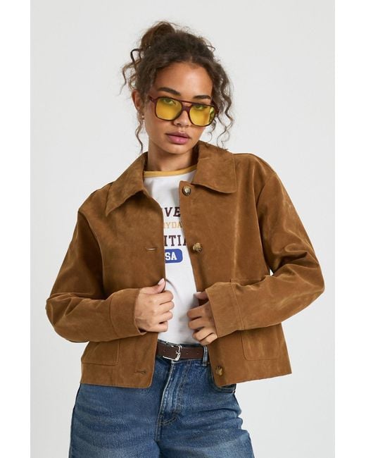 Boohoo Brown Collared Button Up Suede Look Jacket