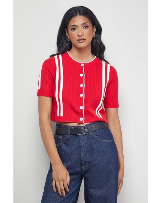 Warehouse Red Mini Stripe Button Through Cardigan