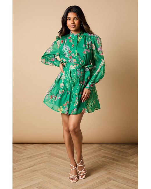 Oasis Green Petite Floral Organza Mini Shirt Dress