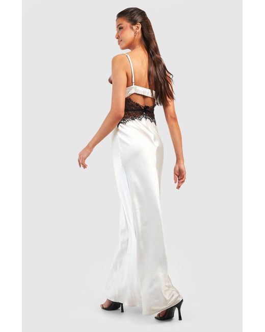 Boohoo White Satin Panelled Lace Maxi Slip Dress