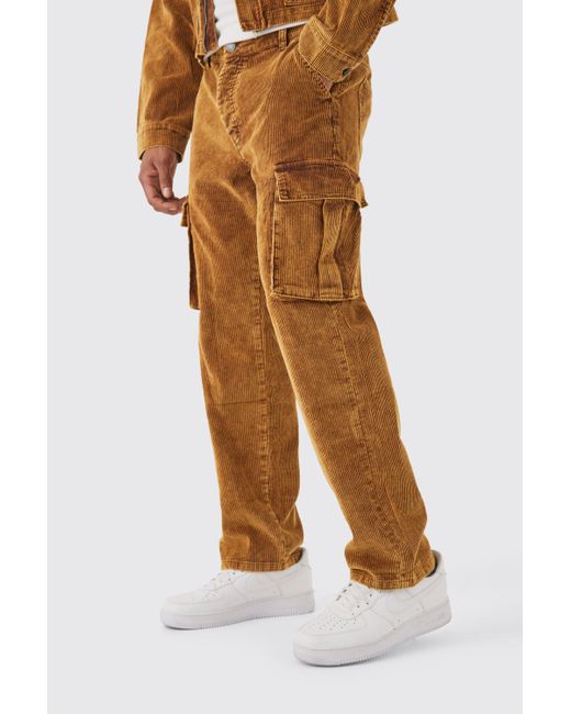 BoohooMAN Brown Relaxed Acid Wash Corduroy Cargo Trouser for men