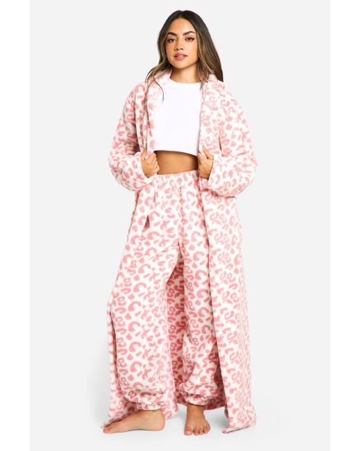 Boohoo Pink Leopard Fleece Maxi Dressing Gown