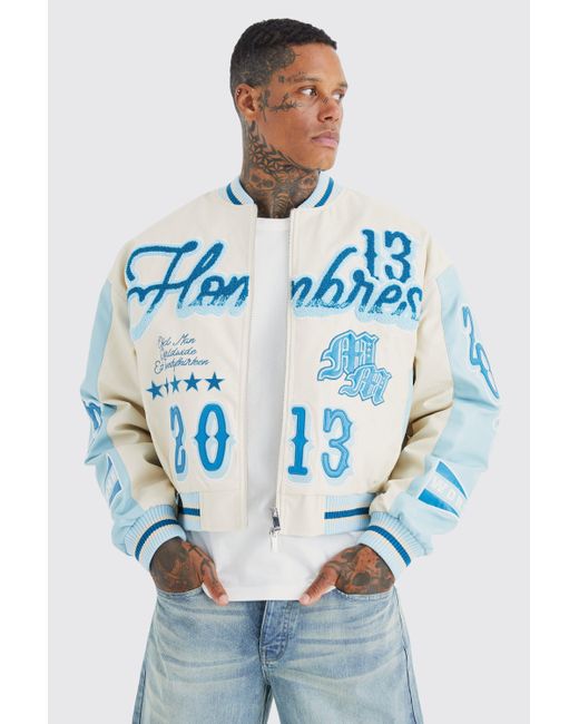 Boohoo Blue Boxy Melton & Pu Ombre Varsity Jacket