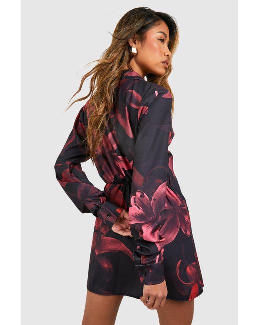 Boohoo Multicolor Abstract Satin Wrap Shirt Dress