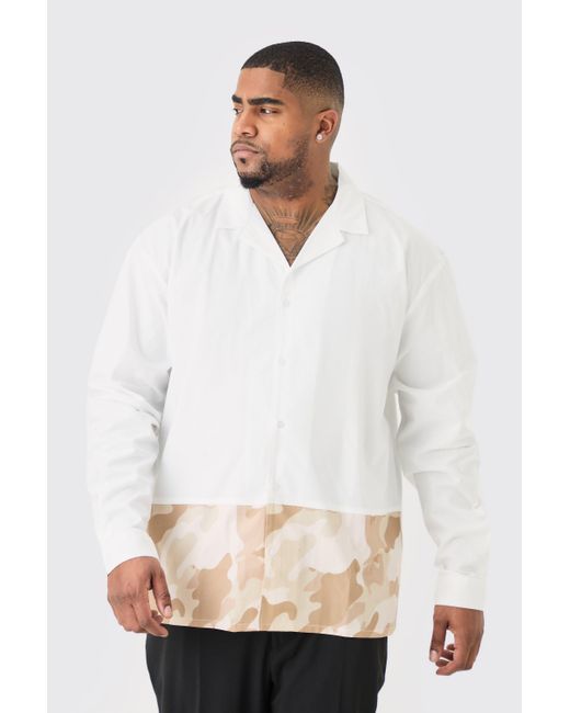 BoohooMAN Plus Longsleeve Drop Revere Poplin Camouflage Print Shirt in White für Herren