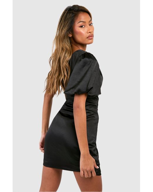 Boohoo Black Satin Puff Sleeve Asymmetric Mini Dress