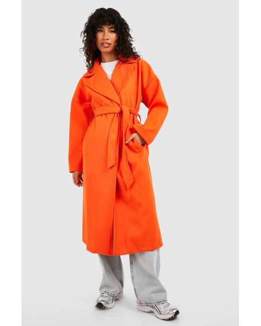 Boohoo Orange Super Oversized Textured Belted Wool Coat