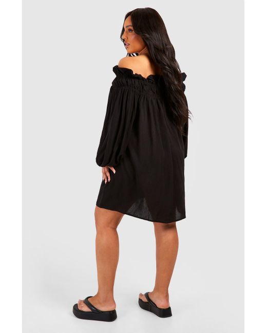 Boohoo Black Plus Woven Textured Off The Shoulder Smock Dress