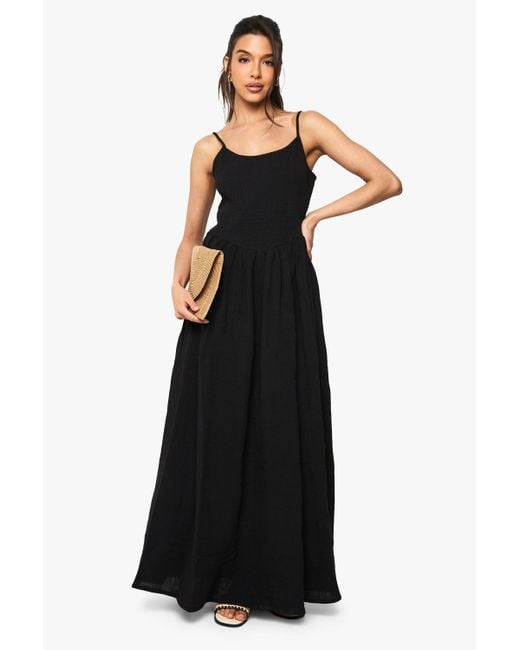 Boohoo Black Crinkle Cotton Shirred Strappy Maxi Dress