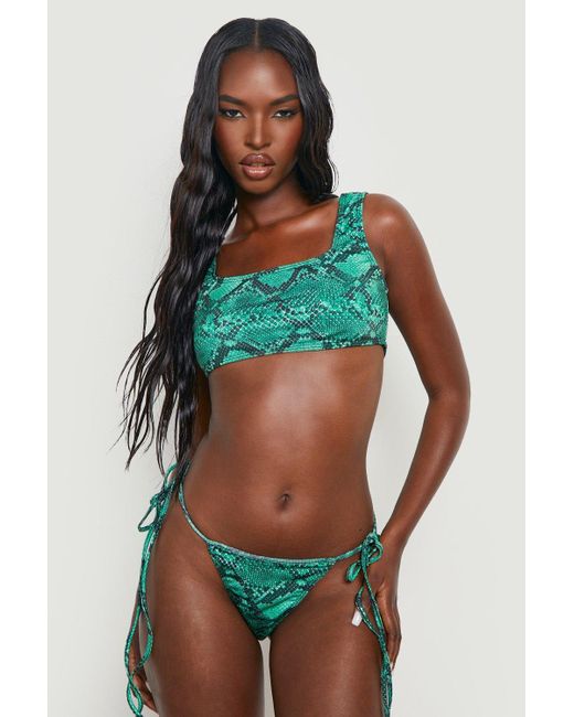 Boohoo Snake Print Scoop Tie Side Bikini Set in Green | Lyst