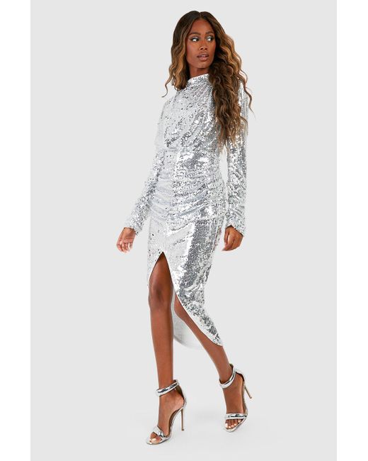 Boohoo White Sequin High Neck Ruched Midaxi Dress