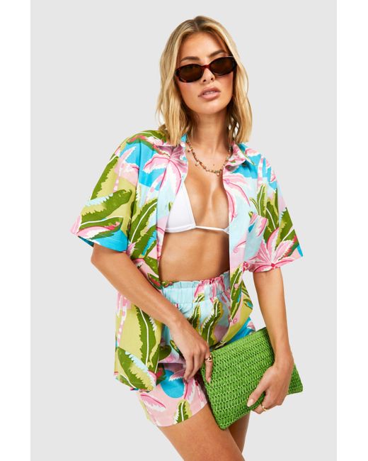 Tropical Linen Look Shirt & Short Beach Co-Ord Boohoo de color Pink