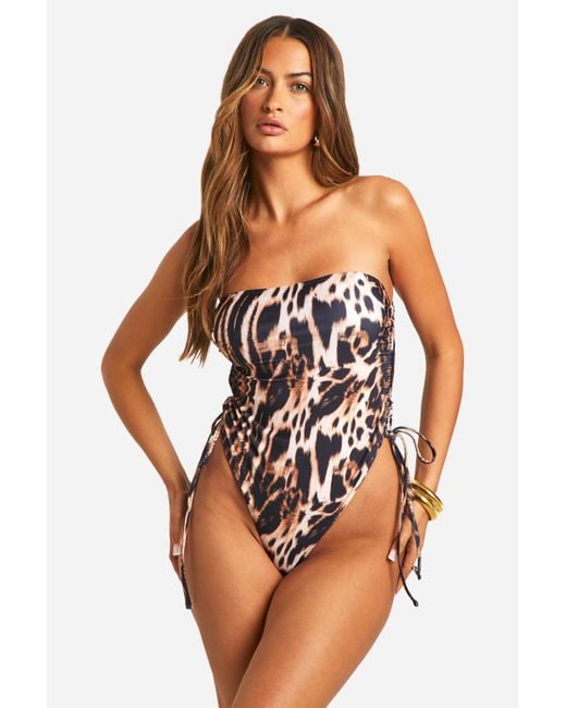 Boohoo Brown Leopard Ruched Bandeau Swimsuit