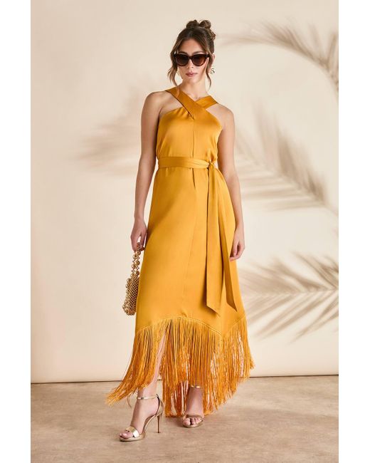 Coast Yellow Fringe Asymmetric Hem Cross Neck Midi Dress