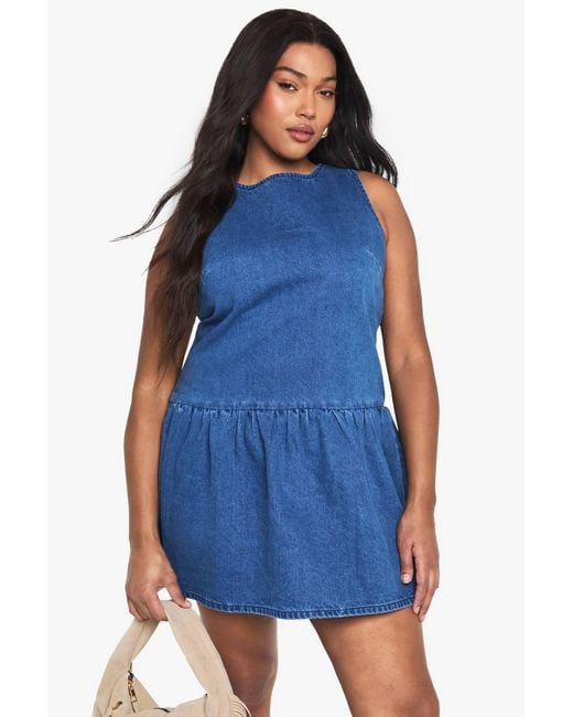 Boohoo Women's Blue Plus Denim Tie Back Smock Dress