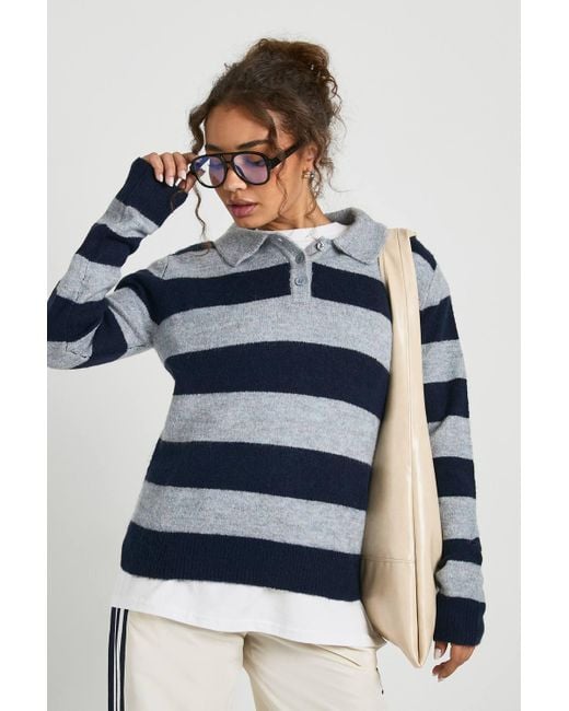 Boohoo Blue Super Soft Knitted Oversized Stripe Sweater