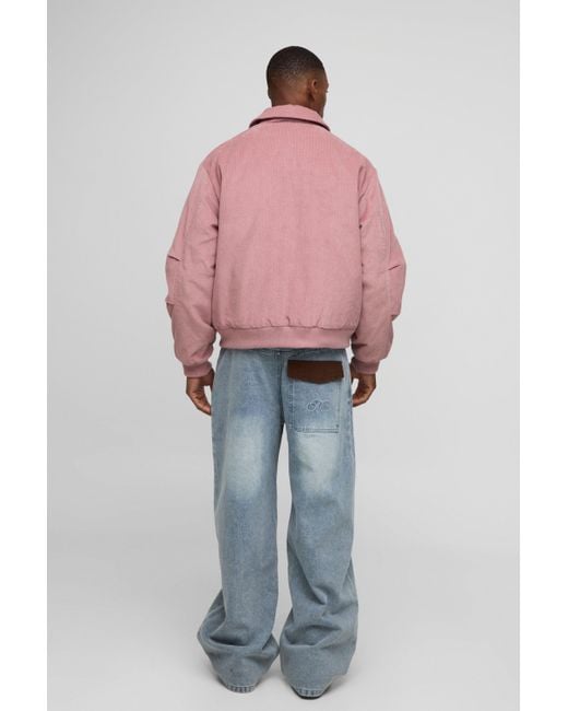 BoohooMAN Pink Oversized Fit Cord Collared Contrast Lining Bomber Jacket for men
