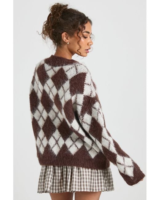 Boohoo Brown Premium Super Soft Brushed Knit V Neck Argyle Oversized Jumper