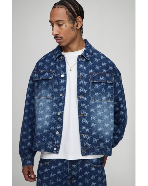 BoohooMAN Blue Oversized Boxy Monogram Washed Jean Jacket for men