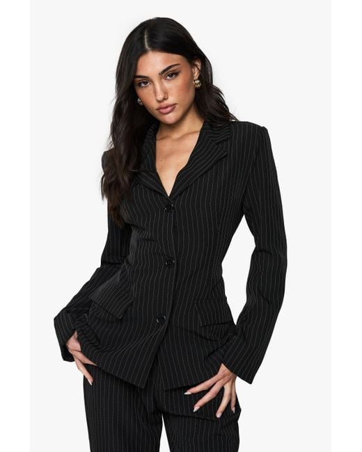 Boohoo Black Pinstripe Structured Tailored Blazer