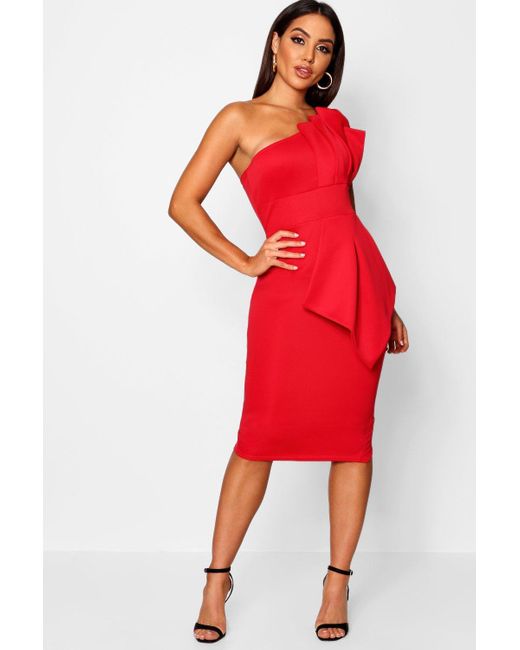 one shoulder pleated detail midi dress