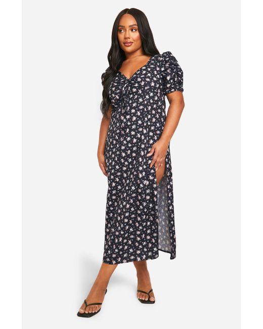 Boohoo Blue Plus Woven Ditsy Floral Ruched Milkmaid Dress
