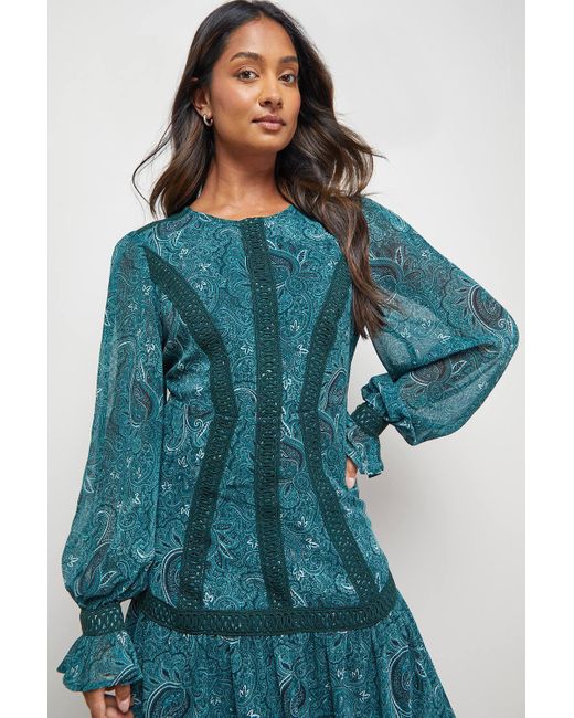 Oasis Blue Lace Detail Balloon Sleeve Drop Hem Midi Dress