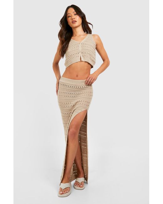 Boohoo Natural Tall Crochet Tank And Split Maxi Skirt Set