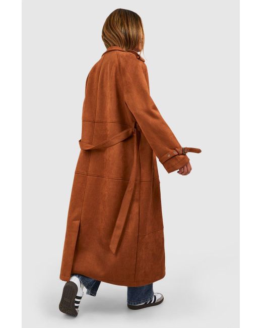 Boohoo Brown Oversized Suede Look Belted Maxi Trench