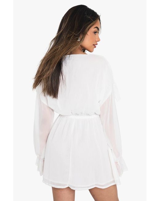 Boohoo White Crinkle Chiffon Ruffle Long Sleeve Mini Dress