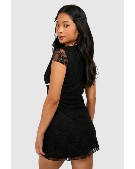 Boohoo Black Petite Lace Contrast Bow Trim Shift Dress