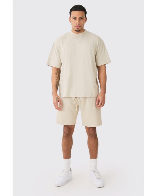 BoohooMAN Natural Man Oversized Extended Neck T-shirt And Relaxed Short Set for men