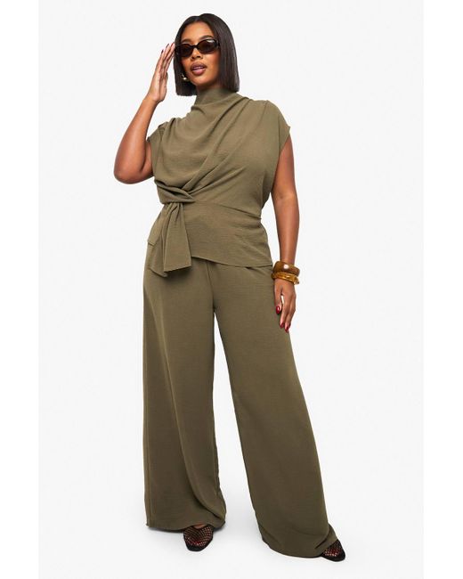 Boohoo Green Plus Woven Drape Blouse & Trouser Co-Ord
