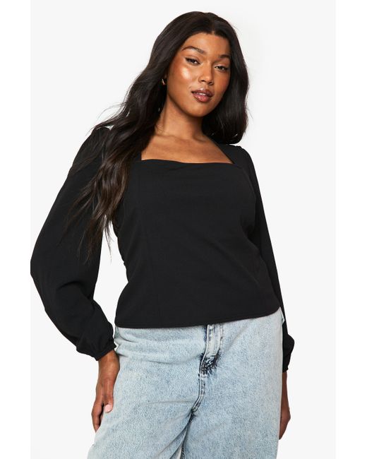 Boohoo Black Plus Square Neck Long Sleeve Corset Top
