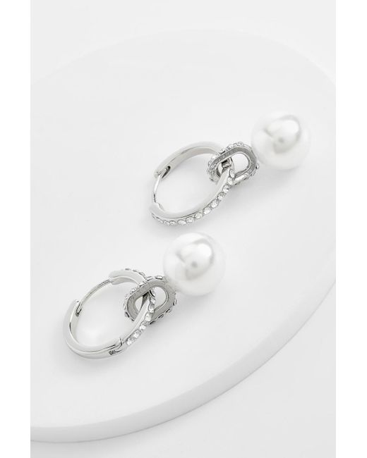 Boohoo White Pearl Drop Diamante Hoop Earrings