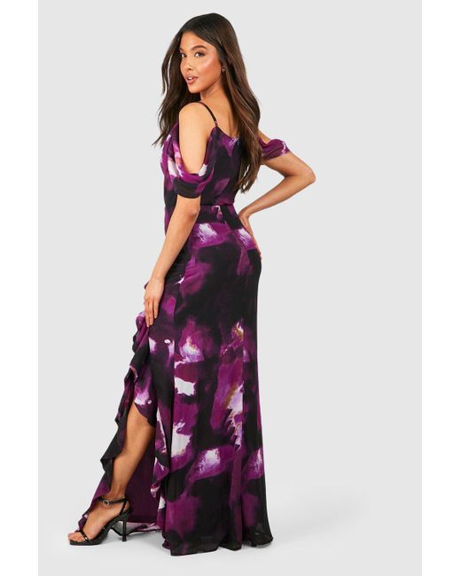 Boohoo Purple Abstract Chiffon Cold Shoulder Maxi Dress