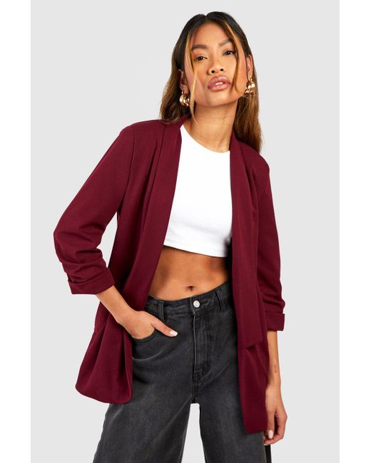 Boohoo Red Jersey Crepe Ruched Sleeve Plunge Lapel Blazer