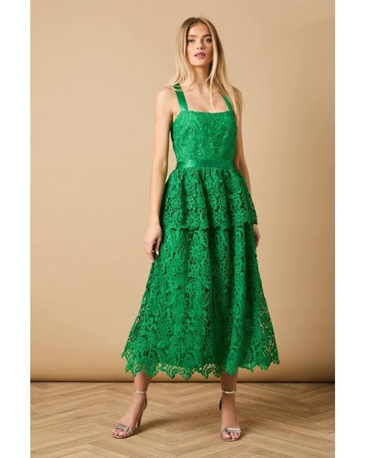 Oasis Green Cross Strap Tiered Lace Midi Dress