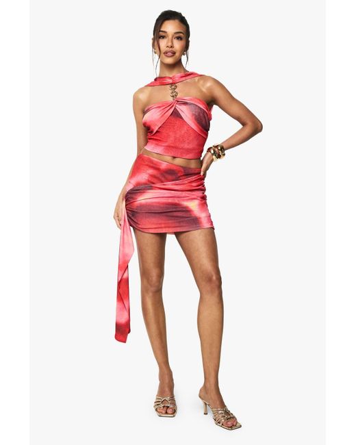 Boohoo Printed Textured Mesh Drape Front Mini Skirt